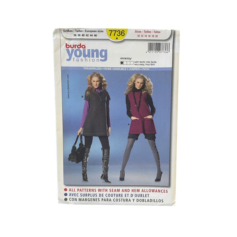 Burda Jumper Dress Sewing Pattern Women 10-20 7736 Easy Zip Front Pockets